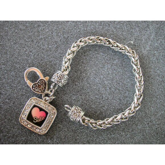 Silver "Sister" Heart Charm Bracelet With Woven Chain Design & Rhinestone Accent - Picture 1 of 2